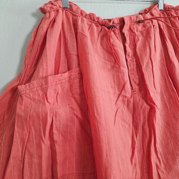 Free People Coral Orange Striped Linen Blend Midi Skirt Drawstring Pockets M - Picture 7 of 14